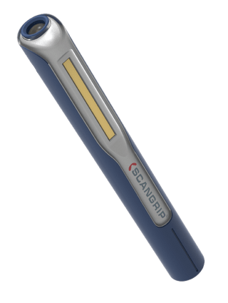 A SCANGRIP rechargeable LED hand-held work light in the shape of a pen, with a blue body and a gray clip.