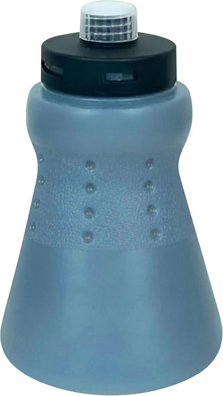 Blue water bottle with black cap on a white background