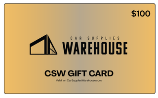 Gold gift card with 'Car Supplies Warehouse' branding and a $100 value.