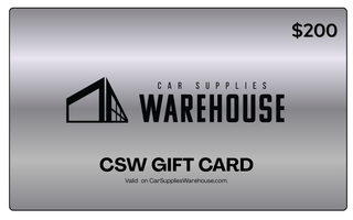 Car Supplies Warehouse gift card with metallic finish and black text