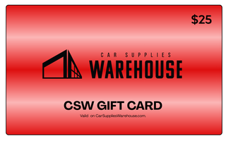 Red gift card with 'Car Supplies Warehouse' logo and text