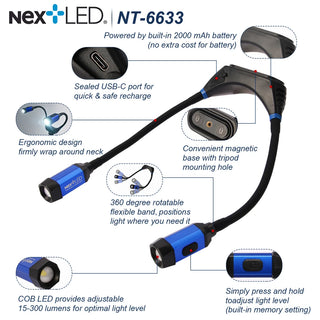 NextLED Rechargeable LED Neck Work Light with Magnetic Base & Tripod Mount