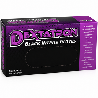 A box of Dextatron Black Nitrile Gloves, Size Large, featuring a black and purple packaging design with white text.