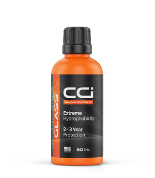 Bottle of CCI Ceramic Glass Coating with orange and black design on a white background