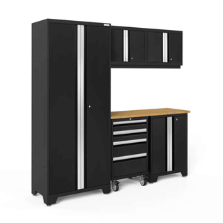 Black Garage Cabinets with Wood Top Bold Series 6 Piece Cabinet Set w/ Tool, Base, Wall Cabinets & 30in. Locker