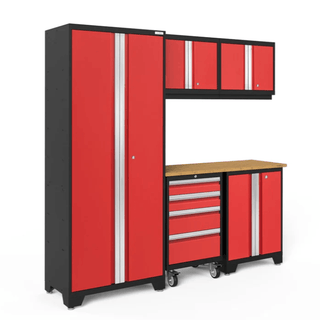 Red and Black Steel Garage Cabinets with Bamboo Work Top