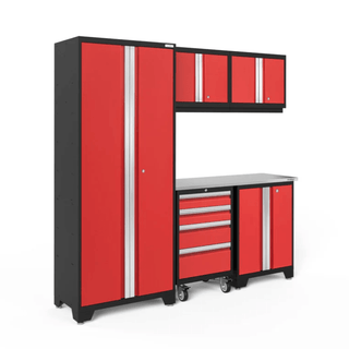 Steel Red and Black Garage Cabinets with Stainless Steel Work Top
