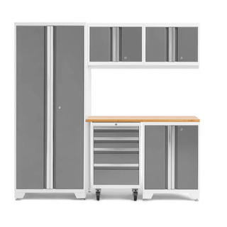NewAge White Bold Series 6 Piece Cabinet Set w/ Tool, Base, Wall Cabinets & 30in. Locker with Bamboo Top