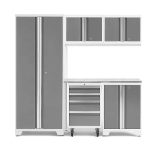 NewAge White and Stainless Steel Bold Series 6 Piece Cabinet Set w/ Tool, Base, Wall Cabinets & 30in. Locker